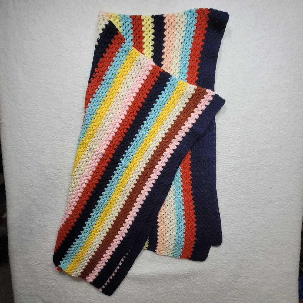 Handmade Crochet Striped Afghan Throw  Retro Rainbow Colors Blanket 38
